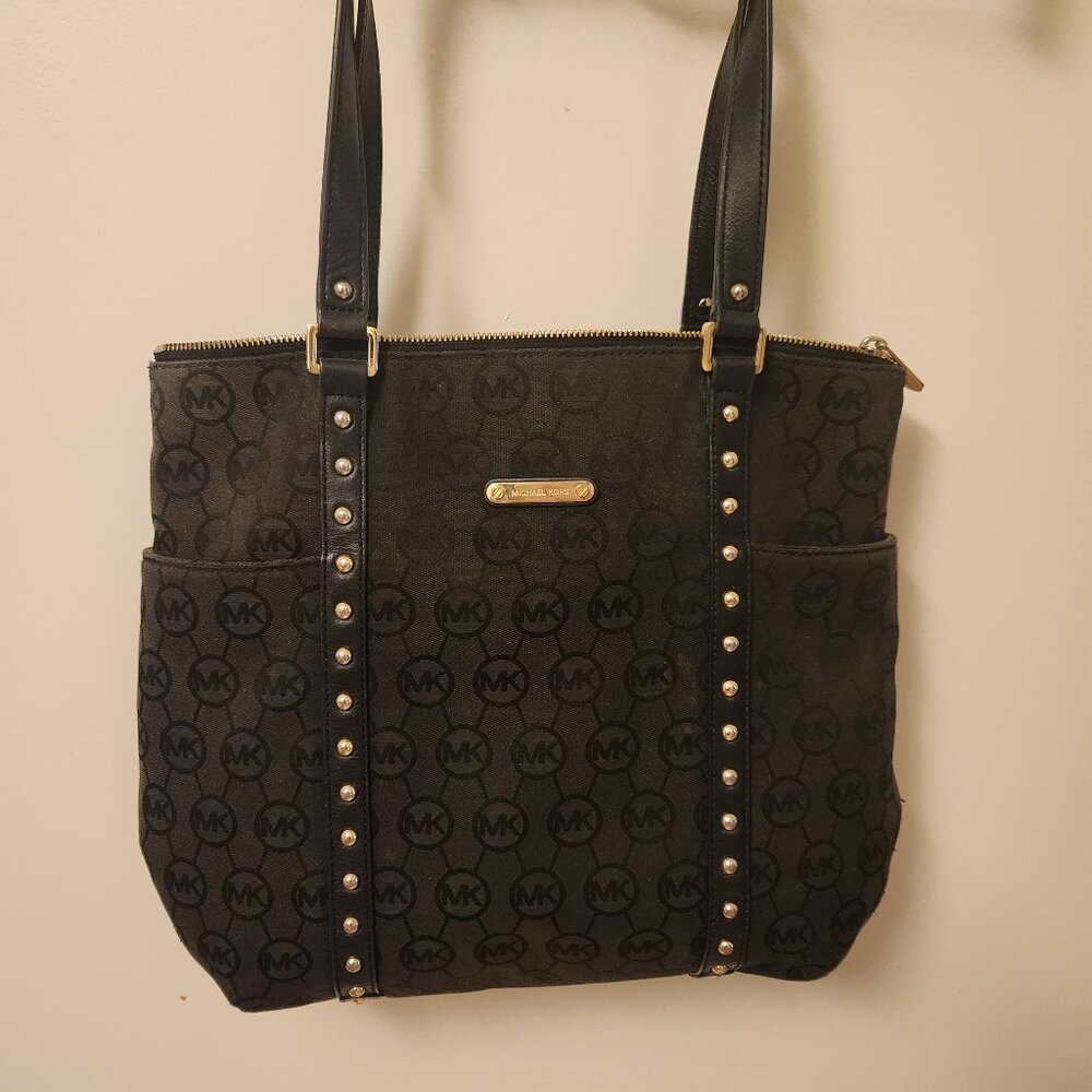 MICHAEL KORS Handbag Black Canvas Signature 14"x12"x3" 2 handles